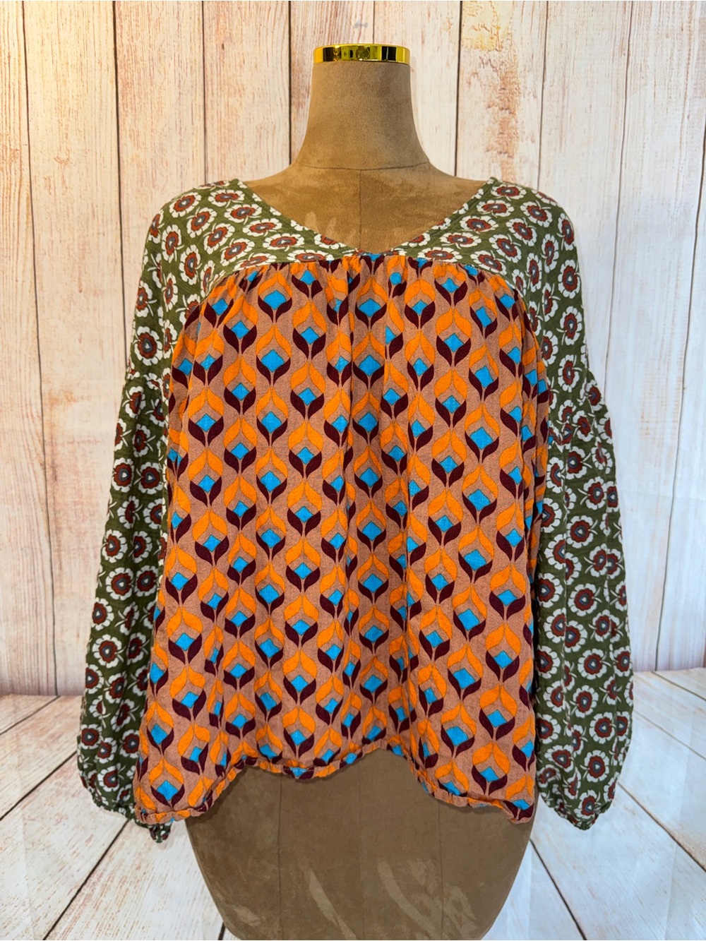 Bucket List Boho Floral Patchwork Peasant Blouse Green Orange Artsy Top L - Picture 2 of 10